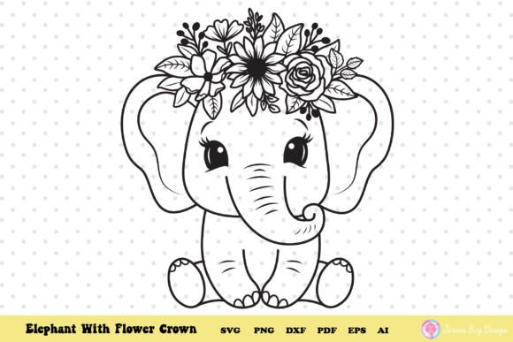 Elephant with Flower Crown, Baby Elephant Graphics for Print Templates