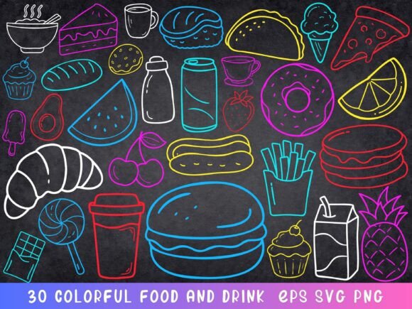 Food Clipart, Colorful Food Doodle Svg for Graphics and Illustrations