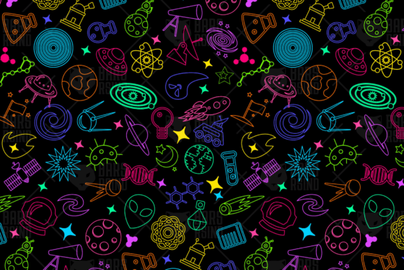 Neon Cosmos Science Seamless Pattern for Modern Graphics and Patterns