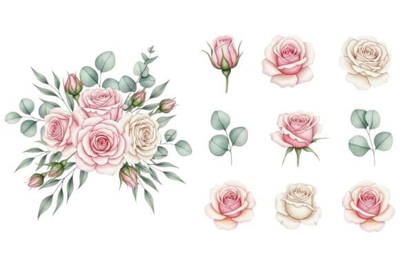 Watercolor Pink Cream Floral Set: Graphics & Illustrations for Crafters